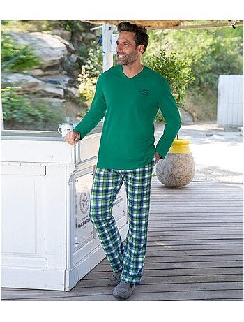 Pijama largo de algodón a cuadros con cuello en v