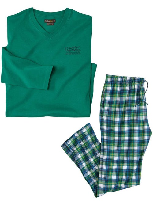 Pijama largo de algodón a cuadros con cuello en v - Kiabi Pijama largo de algodón a cuadros con cuello en v - Kiabi