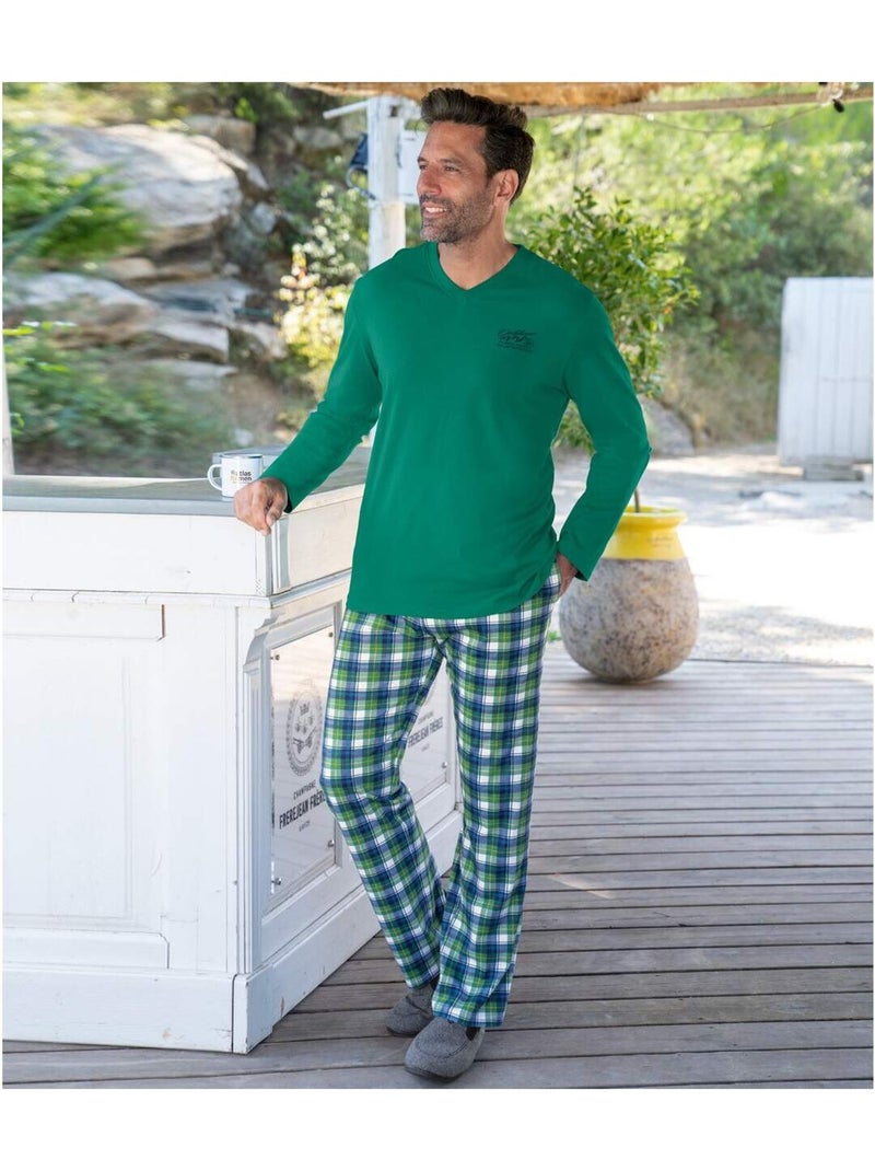 Pijama largo de algodón a cuadros con cuello en v Verde - Kiabi