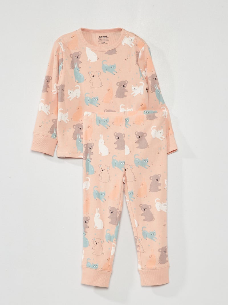 Pijama largo de canalé - 2 piezas ROSA - Kiabi