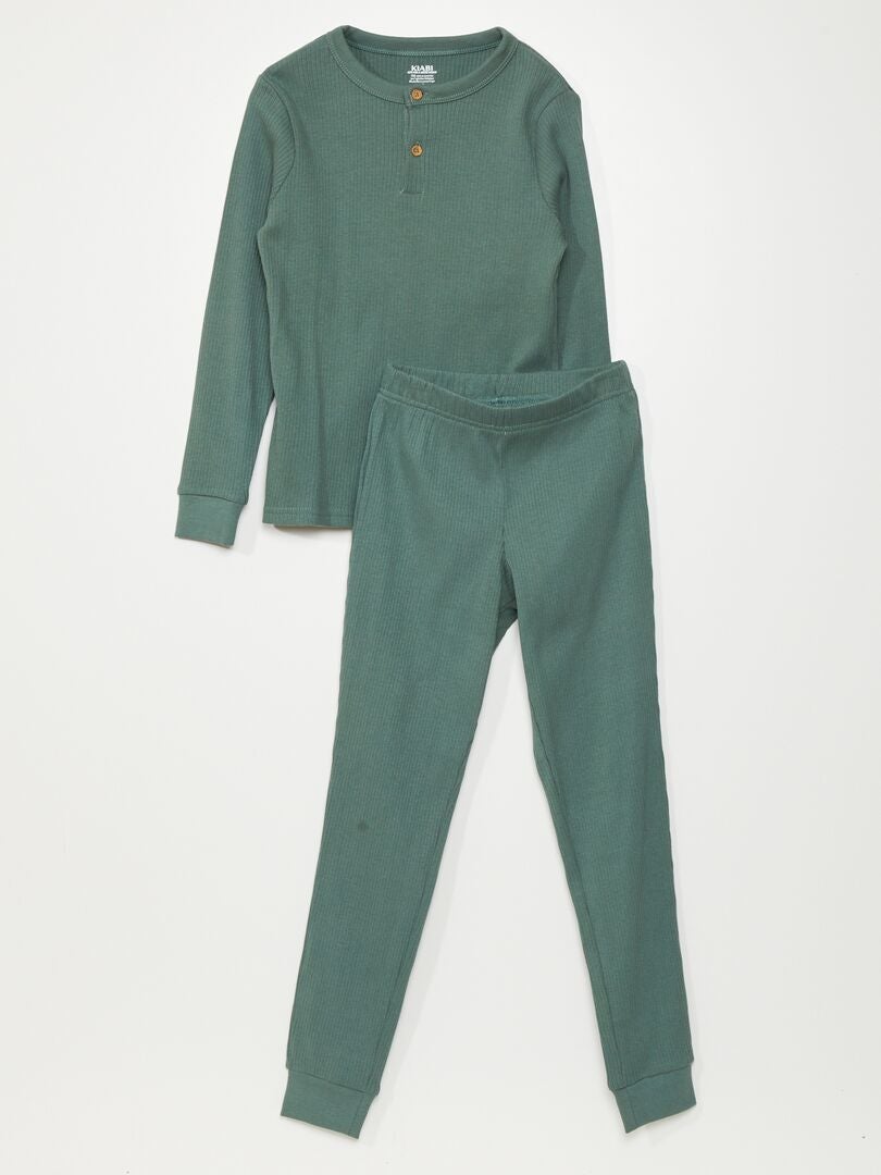 Pijama largo de canalé - 2 piezas Verde - Kiabi