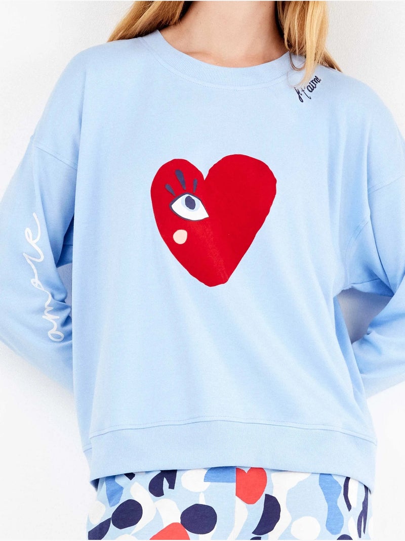 Pijama largo de corazones en interlock suave algodón Azul claro - Kiabi
