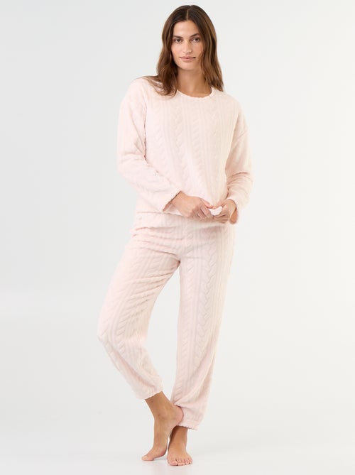 Pijama largo de forro polar con motivos trenzados - 2 piezas - Kiabi