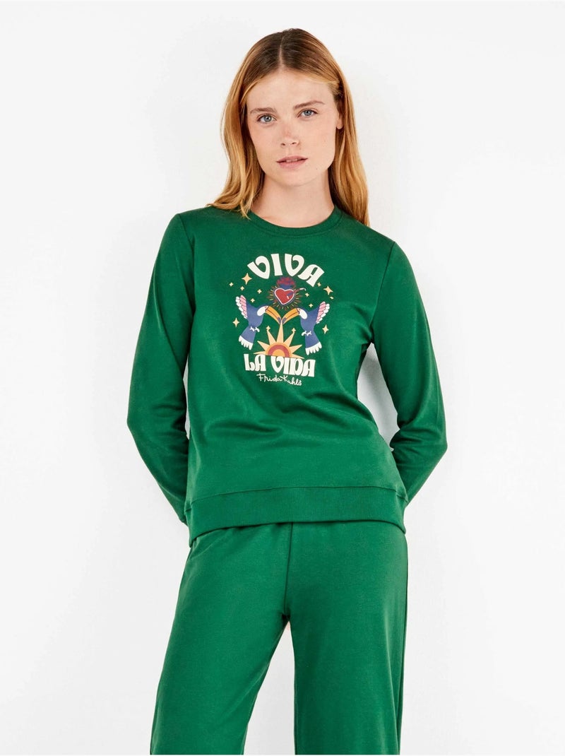 Pijama largo de frida kahlo en tejido de punto con algodón Verde helecho - Kiabi
