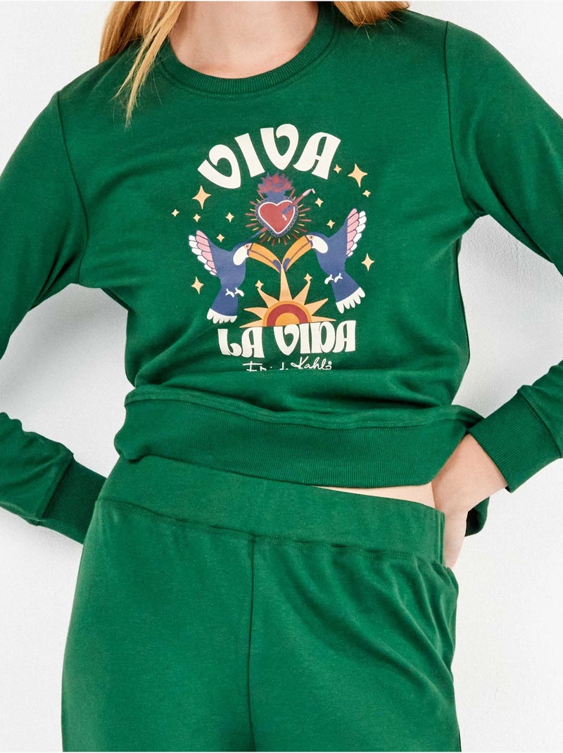 Pijama largo de frida kahlo en tejido de punto con algodón Verde helecho - Kiabi