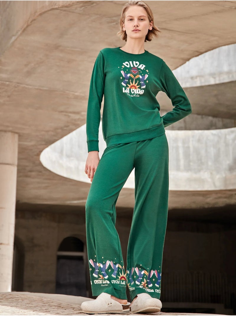 Pijama largo de frida kahlo en tejido de punto con algodón Verde helecho - Kiabi