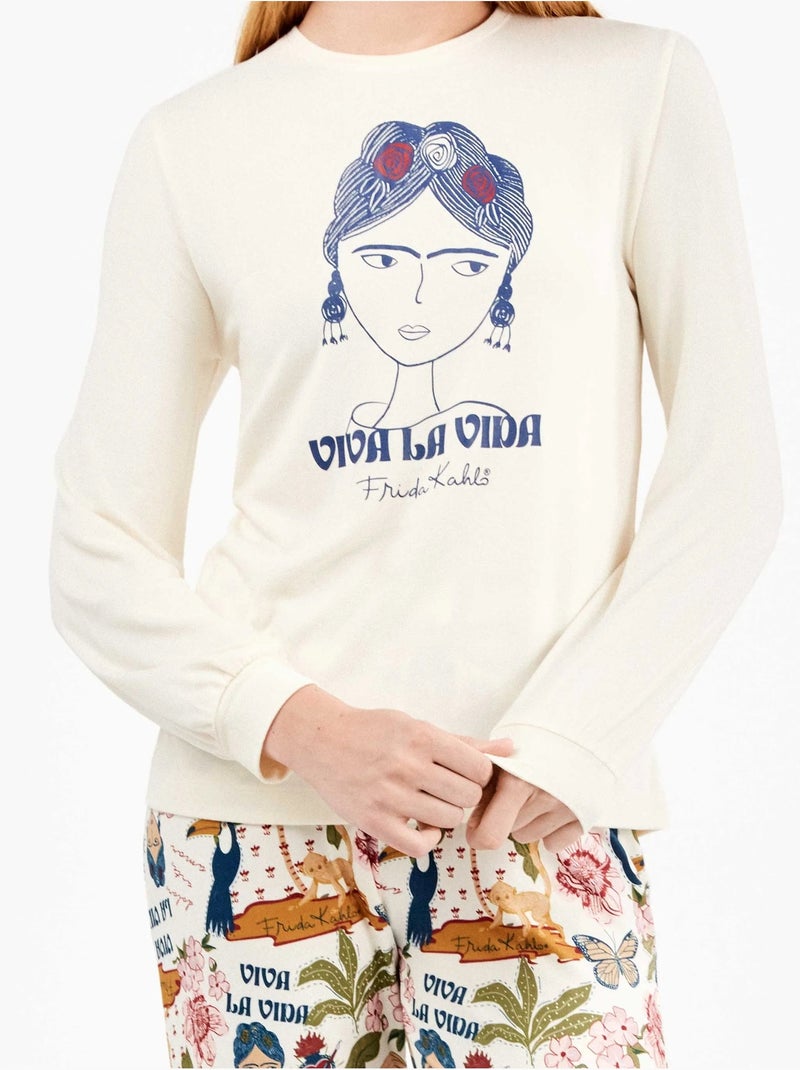 Pijama largo de frida kahlo en tejido de punto Crudo - Kiabi