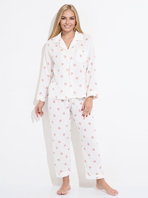 Pijama largo de gasa de algodón con estampado de corazones - Kiabi