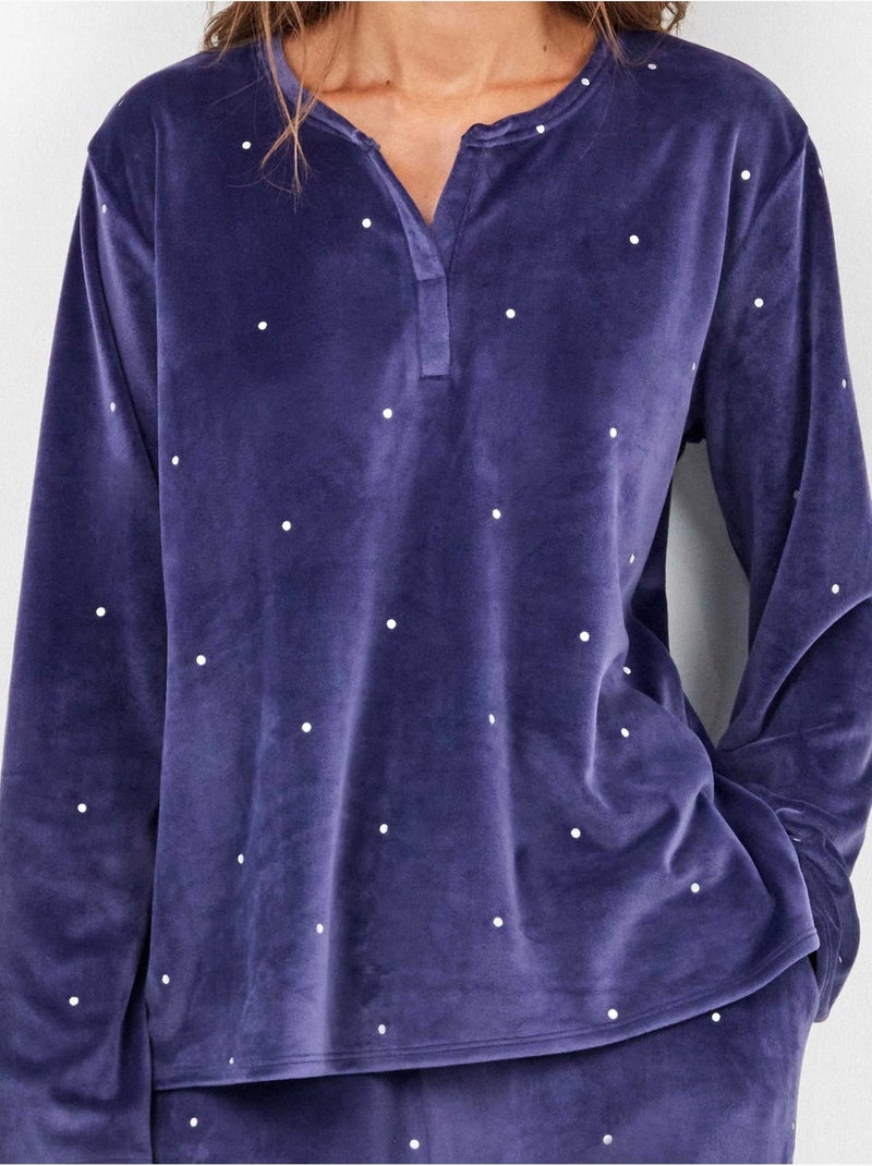 Pijama largo de lunares en tejido polar elástico Azul marino - Kiabi