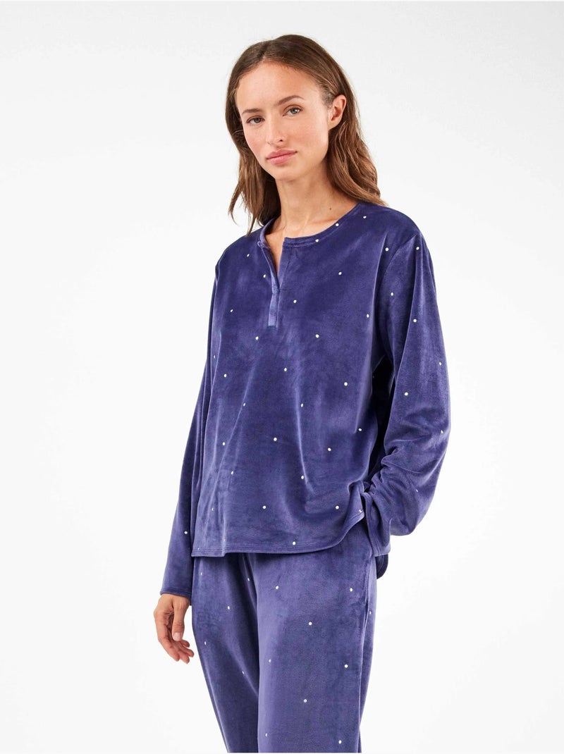 Pijama largo de lunares en tejido polar elástico Azul marino - Kiabi