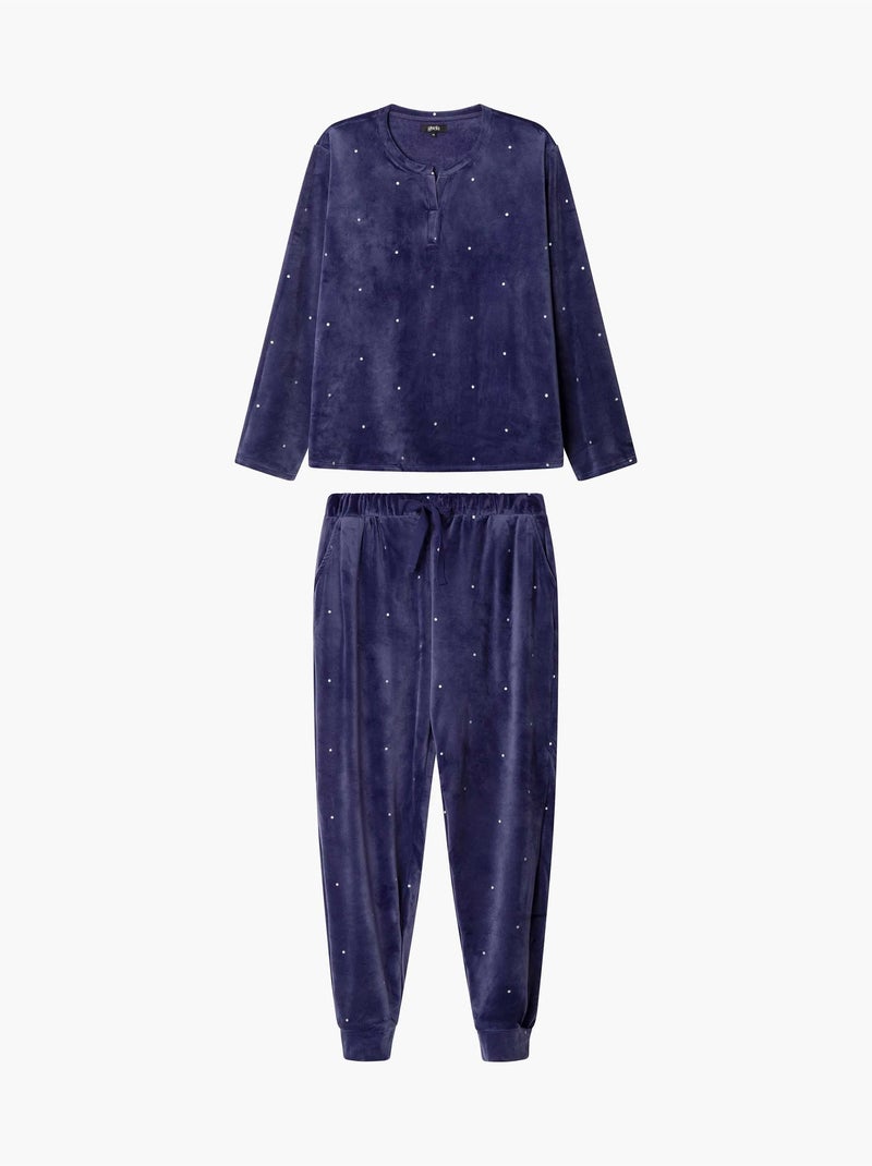 Pijama largo de lunares en tejido polar elástico Azul marino - Kiabi
