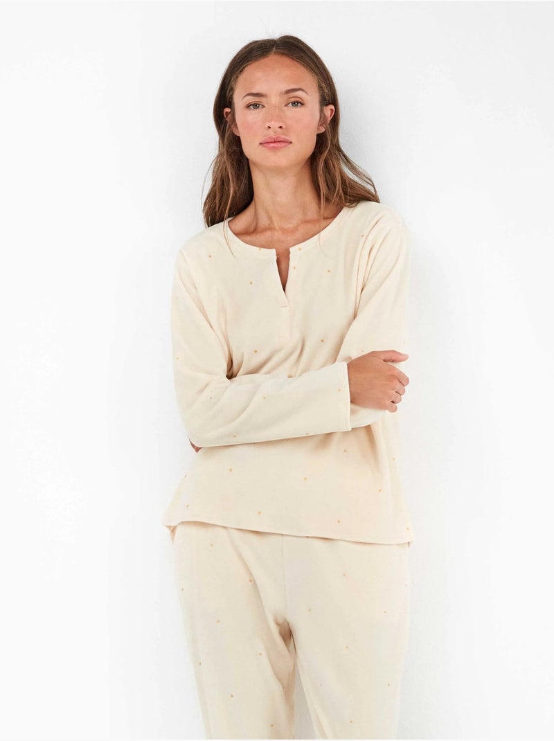 Pijama largo de lunares en tejido polar elástico Crudo - Kiabi