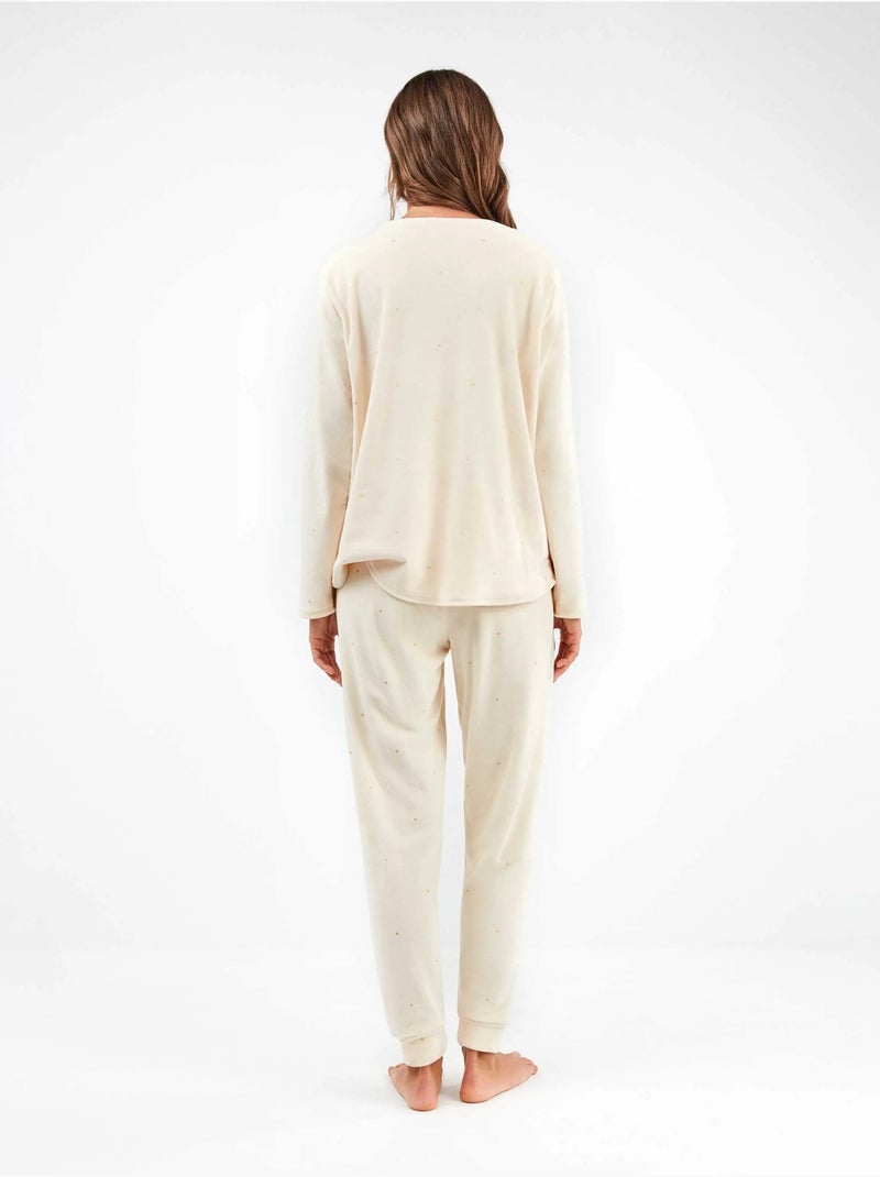 Pijama largo de lunares en tejido polar elástico Crudo - Kiabi
