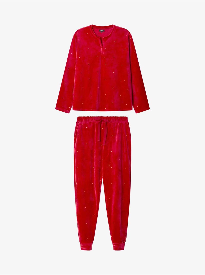 Pijama largo de lunares en tejido polar elástico Granate - Kiabi