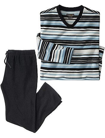 Pijama largo de micropolar a rayas con cuello de pico