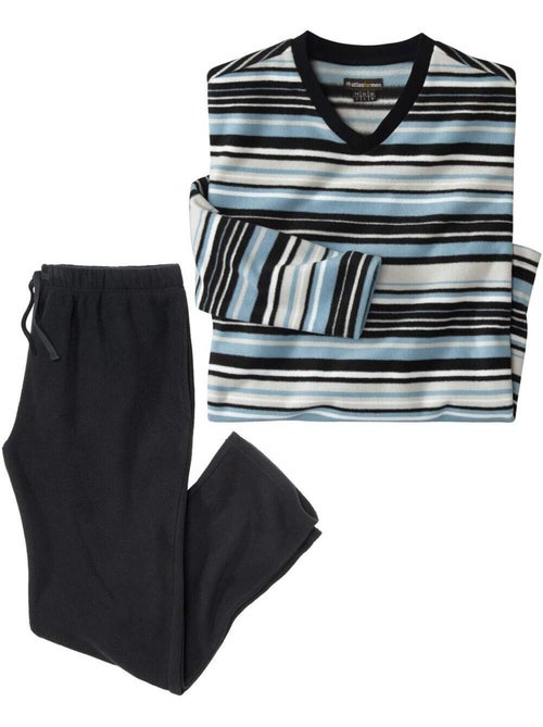 Pijama largo de micropolar a rayas con cuello de pico - Kiabi
