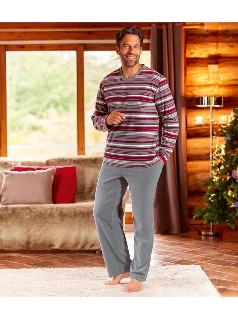 Pijama largo de micropolar a rayas con cuello de pico Gris burdeos Gris - Kiabi