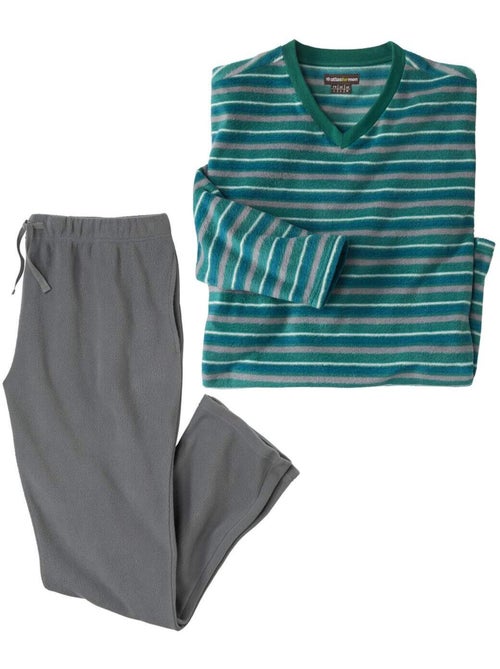 Pijama largo de micropolar con cuello de pico y rayas winter - Kiabi Pijama largo de micropolar con cuello de pico y rayas winter - Kiabi