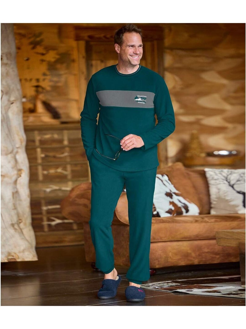 Pijama largo de micropolar mountain con cuello redondo de canalé y manga larga Verde - Kiabi