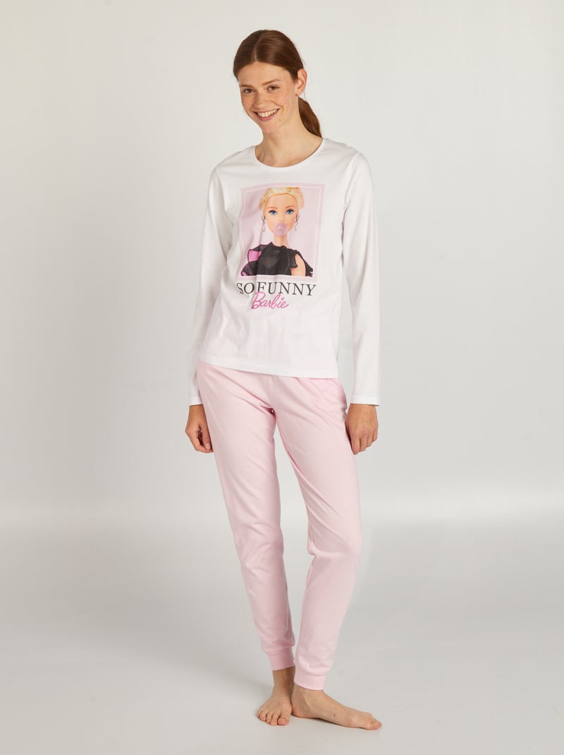 Pijama largo de punto 'Barbie' - 2 piezas blanco/rosa - Kiabi