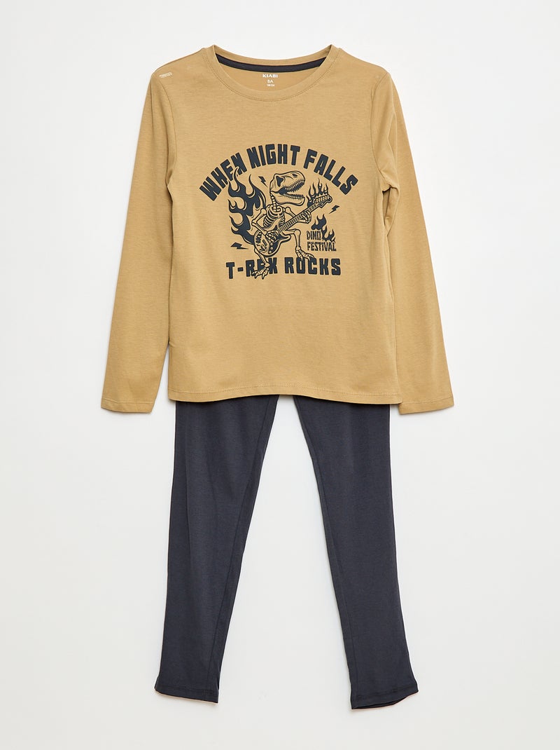 Pijama largo de punto con estampado - 2 piezas Marron - Kiabi