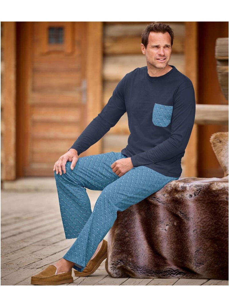 Pijama largo de punto jersey bicolor con estampado de micromotivos Azul marino - Kiabi