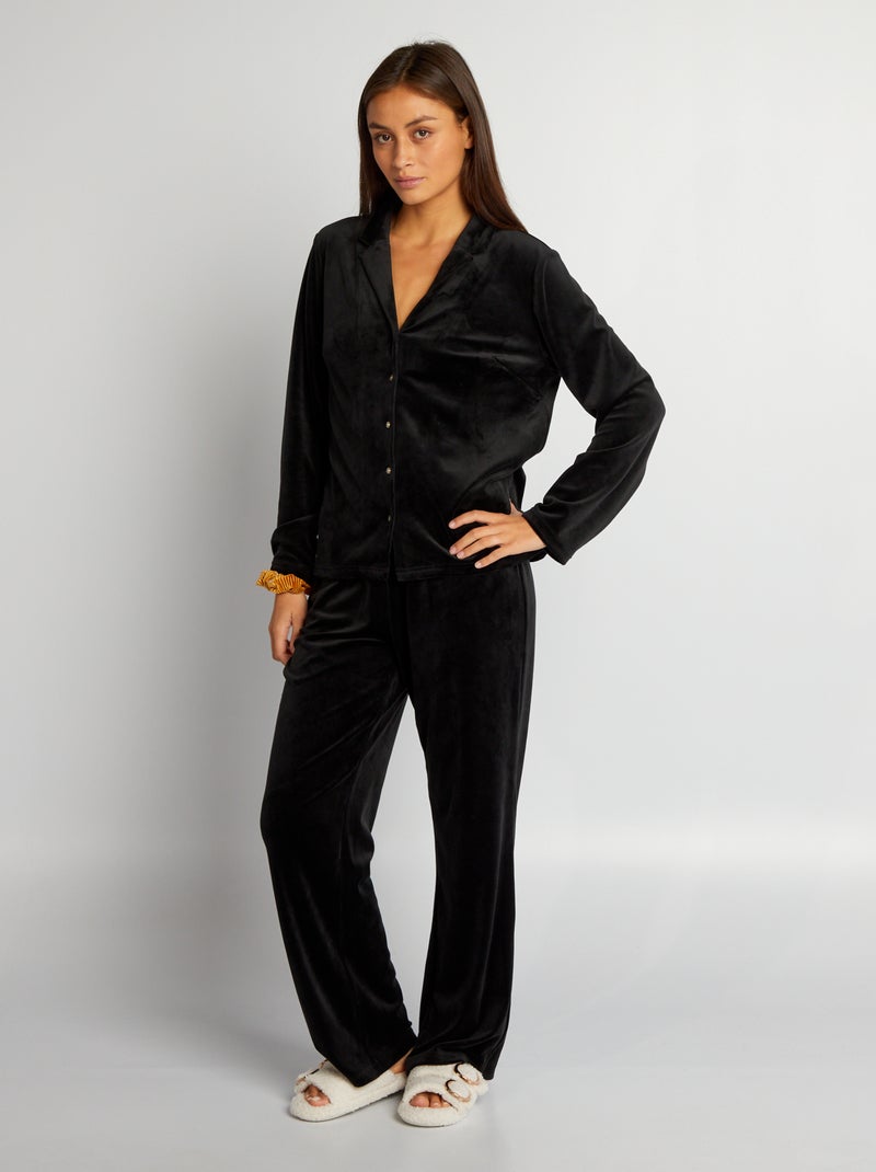 Pijama largo de terciopelo - 2 piezas negro - Kiabi