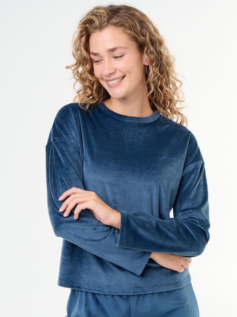 Pijama largo de terciopelo acanalado - 2 piezas Azul - Kiabi