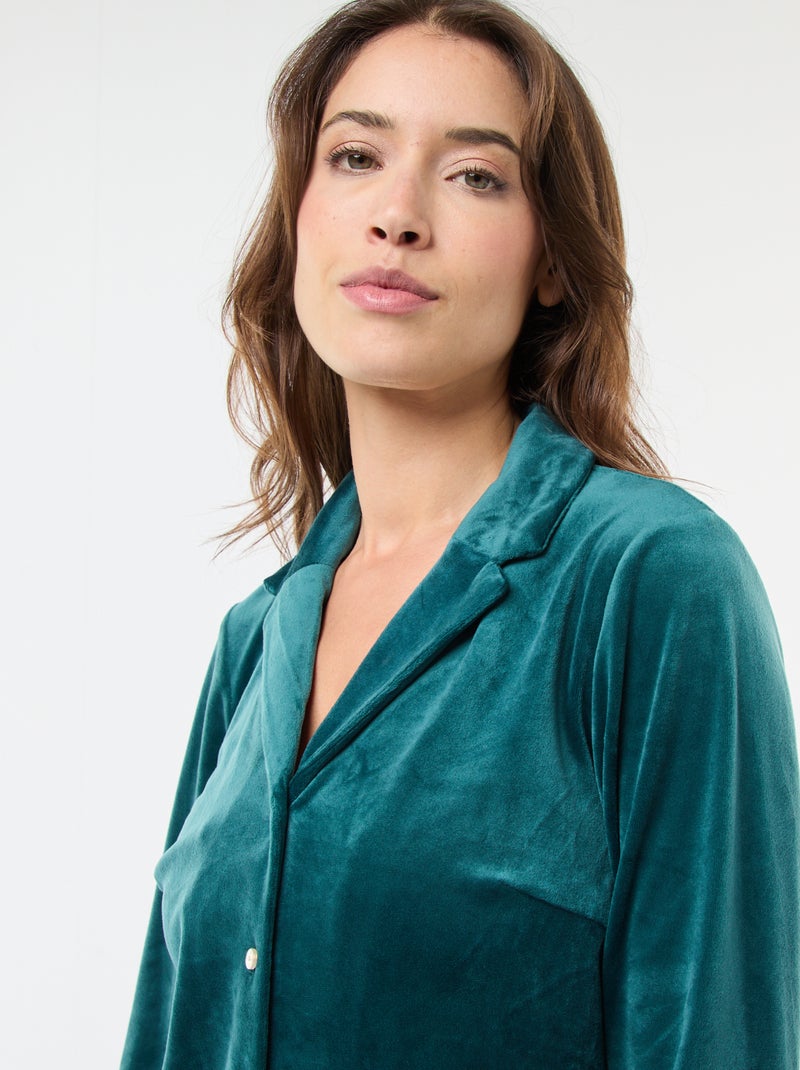 Pijama largo de terciopelo camisa + pantalón - 2 piezas Verde - Kiabi