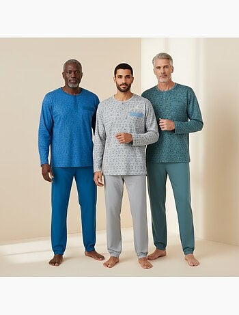 Pijama largo hombre ozabi pack de 3, cuello abotonado estampado