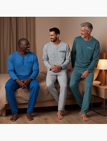 Pijama largo hombre ozabi pack de 3, cuello abotonado estampado