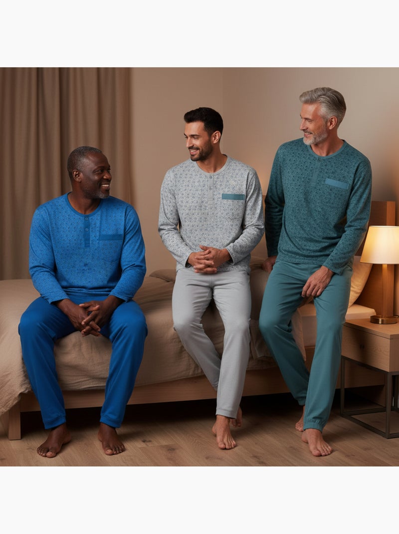 Pijama largo hombre ozabi pack de 3, cuello abotonado estampado Azul Gris Azul - Kiabi