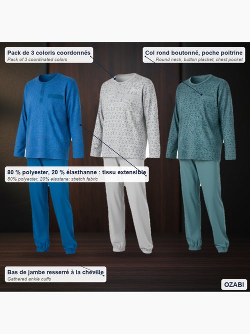 Pijama largo hombre ozabi pack de 3, cuello abotonado estampado - Kiabi