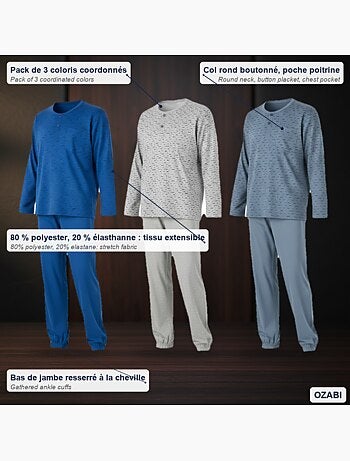 Pijama largo hombre ozabi pack de 3, cuello abotonado estampado