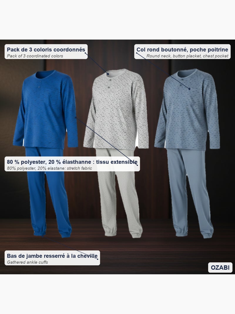 Pijama largo hombre ozabi pack de 3, cuello abotonado estampado Gris azul marino - Kiabi