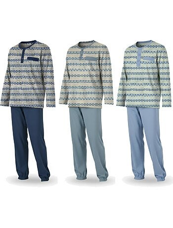 Pijama largo hombre ozabi pack de 3, cuello abotonado estampado