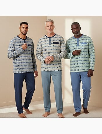 Pijama largo hombre ozabi pack de 3, cuello abotonado estampado