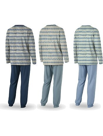 Pijama largo hombre ozabi pack de 3, cuello abotonado estampado