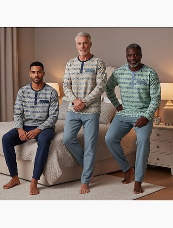 Pijama largo hombre ozabi pack de 3, cuello abotonado estampado