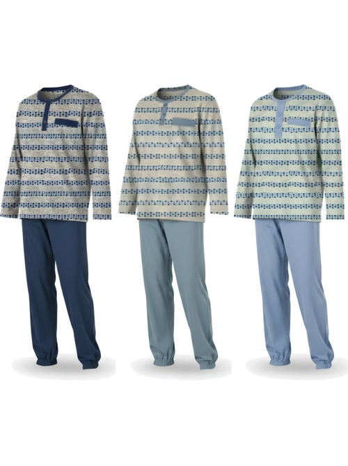 Pijama largo hombre ozabi pack de 3, cuello abotonado estampado - Kiabi Pijama largo hombre ozabi pack de 3, cuello abotonado estampado - Kiabi
