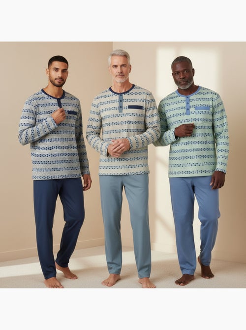 Pijama largo hombre ozabi pack de 3, cuello abotonado estampado - Kiabi Pijama largo hombre ozabi pack de 3, cuello abotonado estampado - Kiabi
