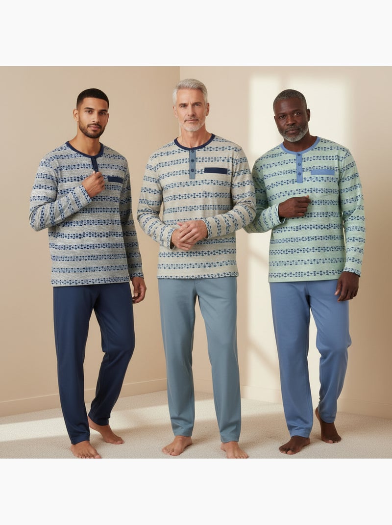 Pijama largo hombre ozabi pack de 3, cuello abotonado estampado Gris verde - Kiabi