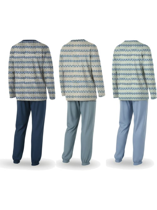 Pijama largo hombre ozabi pack de 3, cuello abotonado estampado - Kiabi Pijama largo hombre ozabi pack de 3, cuello abotonado estampado - Kiabi