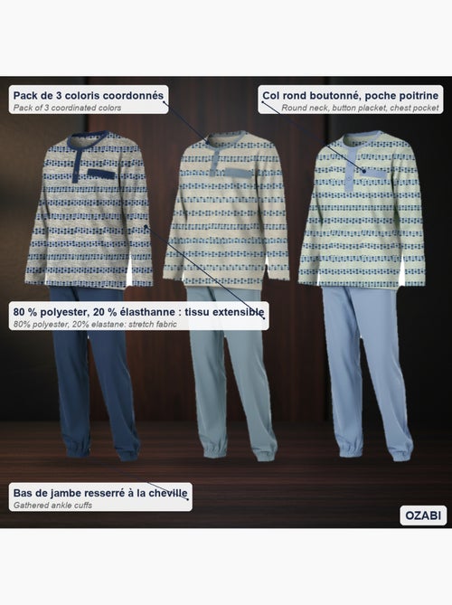 Pijama largo hombre ozabi pack de 3, cuello abotonado estampado - Kiabi Pijama largo hombre ozabi pack de 3, cuello abotonado estampado - Kiabi