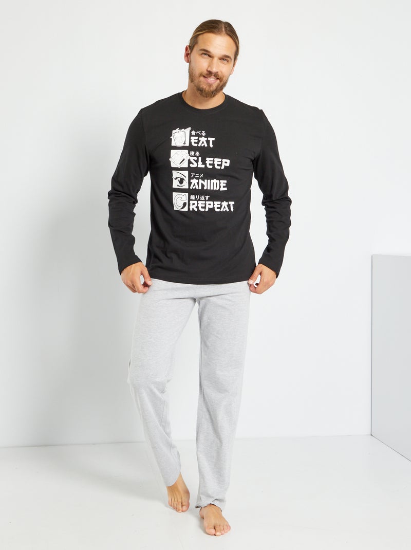 Pijama largo 'manga' - 2 piezas negro/gris - Kiabi
