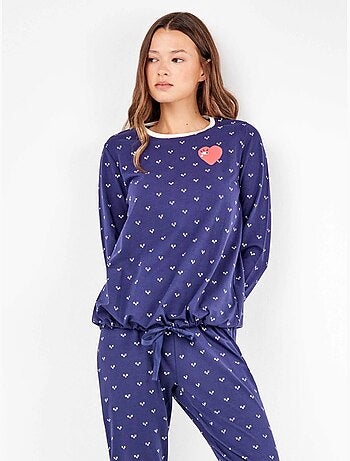 Pijama largo microestampado de corazones en tejido de algodón
