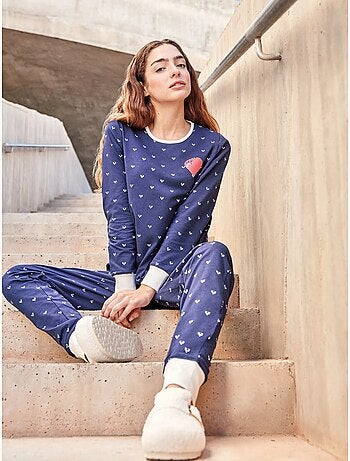 Pijama largo microestampado de corazones en tejido de algodón