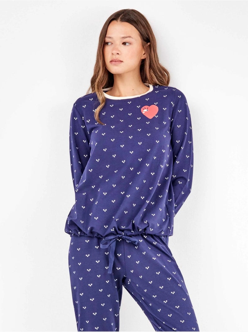 Pijama largo microestampado de corazones en tejido de algodón Multicolor - Kiabi