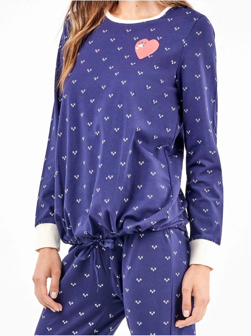 Pijama largo microestampado de corazones en tejido de algodón Multicolor - Kiabi