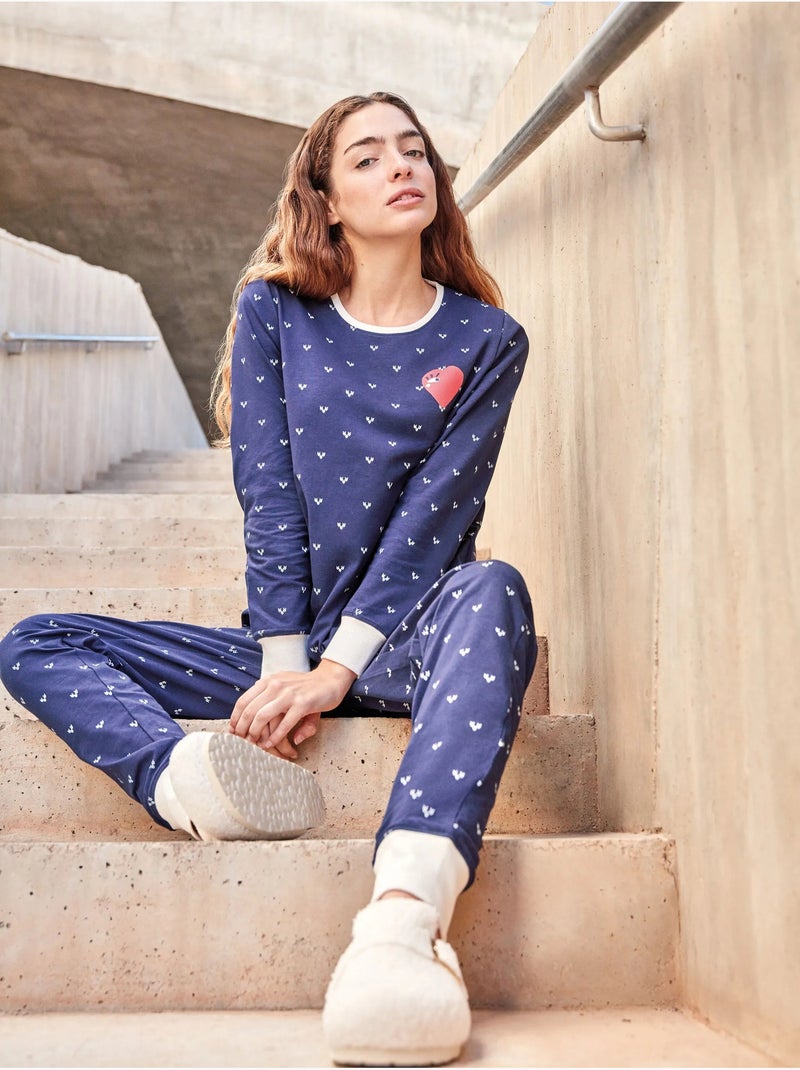 Pijama largo microestampado de corazones en tejido de algodón Multicolor - Kiabi
